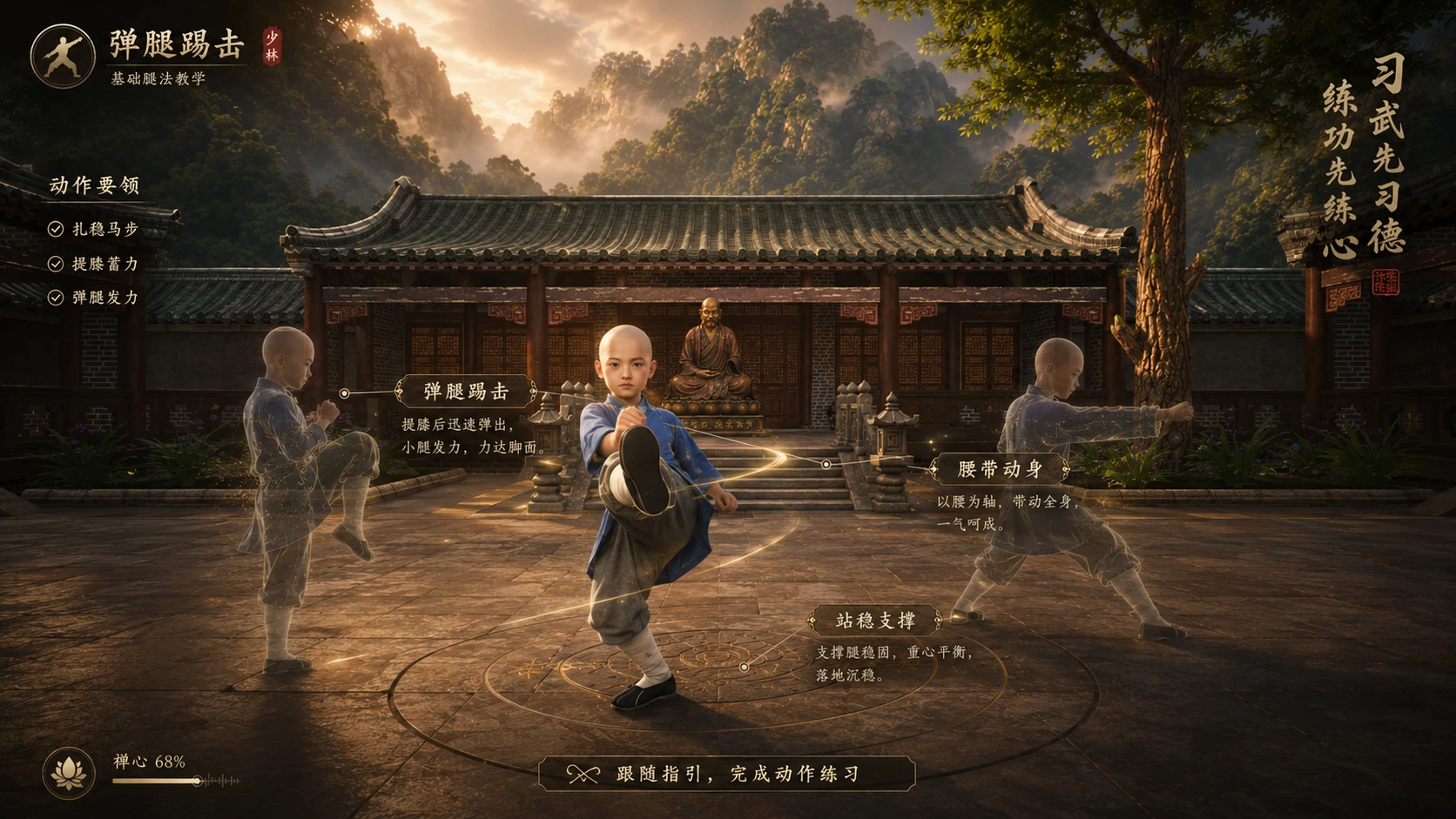 Shaolin kicking instruction key visual with movement cues and multiple viewpoints